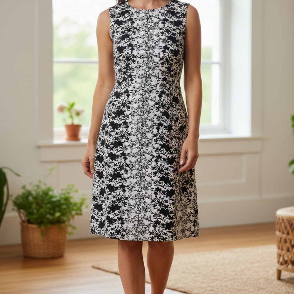 London Times Black and White Floral Midi Dress